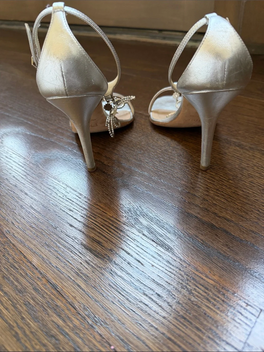 CHRISTIAN DIOR VTG Archival Silver T-Strap Sandal Heels Crystal Motif Size 38 8